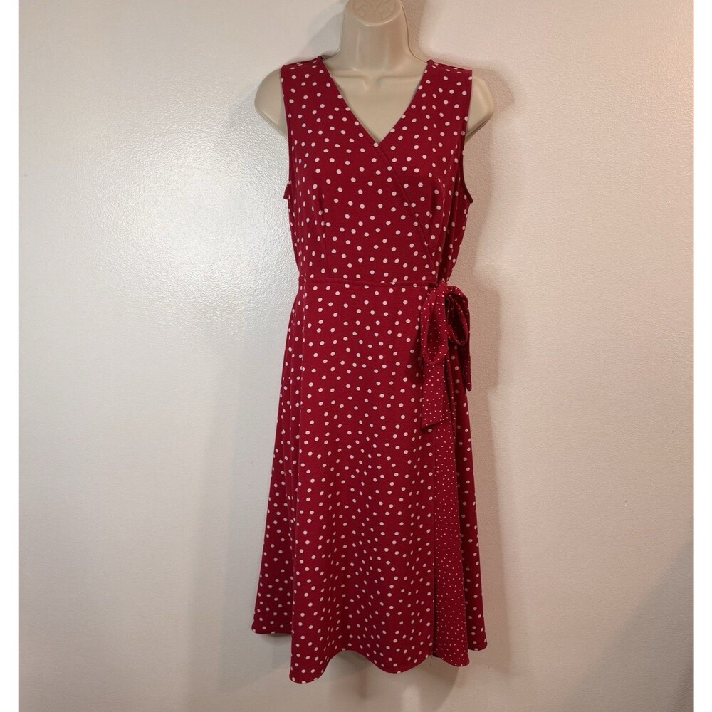Elle Midi Dress S Faux Wrap Polka Dot Red White Retro Pinup Belted Stretch